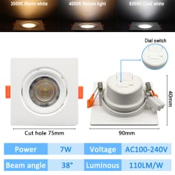 10pcs CCT Spot Downlight Recessed LED Ceiling Light 3 Color Adjusted AC100-240V Dial Swich 3000K/4000K/6500K Indoor Lighting