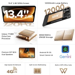 DOOGEE AORLYM P13 Pro Tablet 48GB+256GB Gemini AI 13.4" 2.4K 120Hz Display 12000mAh Large Battery UNISOC T7280 4G Dual SIM Widevine L1 Android 16 Smart Pad