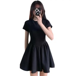 Petite Black Dress High-End Knit Spring Summer Cinched Waist A-Line Slimming O-Neck Short Sleeve Mini Stylish for Junior Ladies