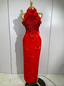 High Quality Birthday Party Dresses Black Red Beaded Flower Mesh Patchwork Long Bandage Dress Celebirty Prom Evening Club Wear