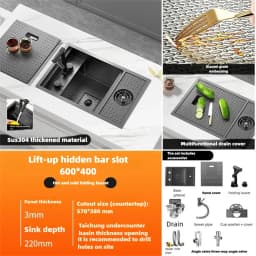 Cup Washer Hidden Bar Sinks With Lid MultifunctionalStainless Steel Kitchen Sink Single Slot Undermount Bowl