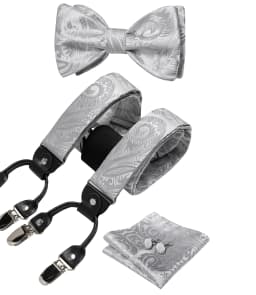 Adjustable Slive Paisley Suspender Self-tie Bowtie Pocket Square Cufflinks Set Luxury 6 Clips Mental Elastic Classic straps