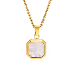 Vnox Mens Necklaces, Geometric Square Natural Stone Shell Pendant, Black Gold Color Stainless Steel Collar