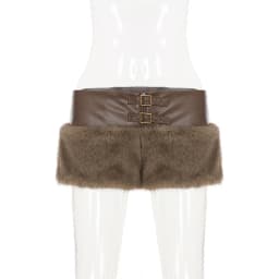 Faux Fur Patchwork Grommet Metal Buckles Pu Leather Shorts Women Chic Sexy Zipper Low Waist Casual Streetwear Bottoms Clubwear