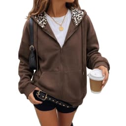 Women's Full Zip Hoodie with Leopard Hood Lining Oversized Long Sleeve Jacket Winter Warm Fleece Lined Sweatshirt Streetwear