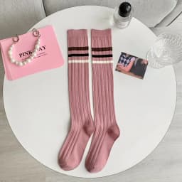 Pink striped socks, long leg and knee length socks, minimalist spring/summer cotton socks