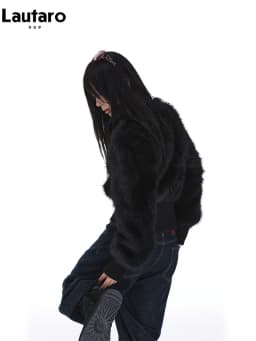 Lautaro Spring Winter Short Black Soft Thick Warm Hairy Faux Fur Coat Women Zip Up Luxury Designer Clothes Fluffy Jacket 2025