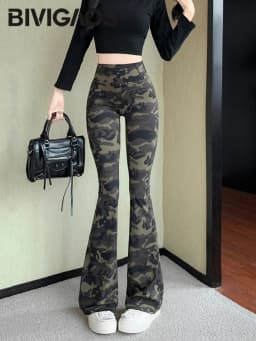 BIVIGAOS 2026 Spring New Camouflage Micro Flared Leggings Women High Waist Slim Fit Fashion Camo Sport Yoga Elastic Flared Pants