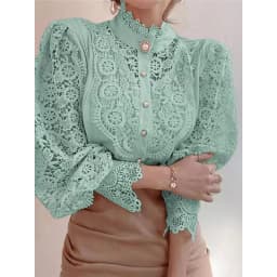 New Women's Long Sleeve High Neck Chic Blouse, Lace Paneled Hollow Sleeve Elegant Top, Vintage Fashion Office Lady Outfits