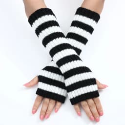 1Pair Knit Fingerless Gloves Women Soft Black White Stripes Warm Knitted Arm Warmers Winter Hand Accessories Stylish Elastic
