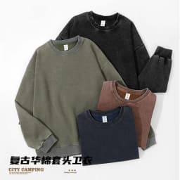Men's American Style Sweatshirt Spring Autumn Solid Color Washed Vintage Round Neck Loose Casual Long Sleeve Couple Jacket