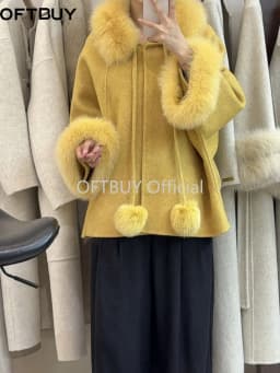 OFTBUY Women's Short Wool Coat Real Fox Fur Collar Cuffs Pom Pom Drawstring Woolen Clothing New Winter Warm Elegant Outerwear