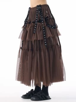 [EAM] High Elastic Waist Coffee Mesh Perspective Ribbon Strap Half-body Skirt Women Fashion Tide New Spring Autumn 2026 1DJ5044