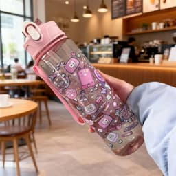 750ml Cute Cartoon Pattern Plastic Water Cup, Large Capacity, Portable, Leak-Proof, with Carrying Strap and Straw, for Travel
