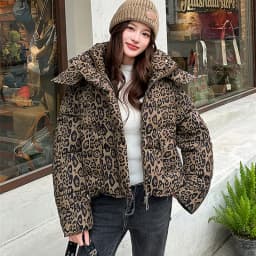 American Leopard Print Hooded Puffer Jacket Women Winter Loose Fit Warm Cotton Jackets Women Fashion Zip Up Thick Padded Parkas