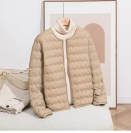 LANMREM Women Crew Neck Lightweight Short Down Jacket Wave Quilted Zipper Closure Portable Inner Wear Puffer Outerwear Coat