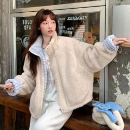 Korean Women's Reversible Striped Jacket Autumn Winter Stand Collar Fleece Lined Padded Coats Woman Loose Casual Plush Jackets
