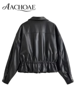 AACHOAE Women Faux Leather Jacket Drawstring Waist Zip Up Utility Short Coat Flap Pocket Casual Streetwear Autumn Outerwear