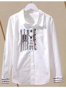Designer-Inspired Niche Vertical Stripe Slim-Fit Pure Cotton Embroidered Shirt for Women, New Spring and Autumn Style, Versatile Ethnic Style Long-Sleeve Blouse