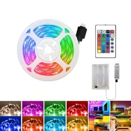 Indoor RGB LED light strip, battery powered (batteries not included). Suitable for room decor, parties, and Christmas decoration