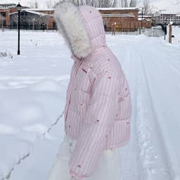 Korean Striped Bow Pattern Cropped Padded Jacket for Women Winter Hooded Coat with Faux Fur Collar Woman Sweet Thick Warm Parkas