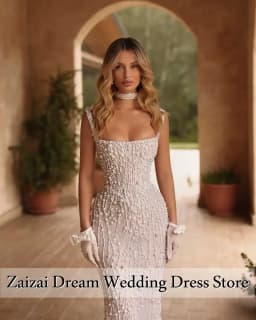 Customized Gorgeous Spaghetti Straps Wedding Dresses Beading Crystal Bridal Gowns Mermaid Vestidos De Novia