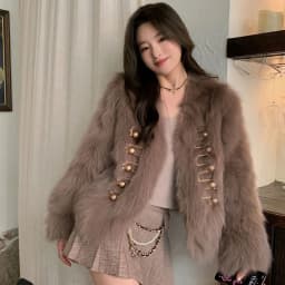 Chic White Women Faux Fur Jacket Pearl Button Coat Collarless Long Sleeve Cropped Loose Luxury Cozy Winter Outerwear Top