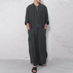 Middle Eastern Mens Thobe Dubai Style Loose Stand Collar Long Sleeve Robe Traditional Islamic Wear