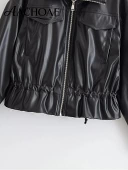 AACHOAE Women Faux Leather Jacket Drawstring Waist Zip Up Utility Short Coat Flap Pocket Casual Streetwear Autumn Outerwear