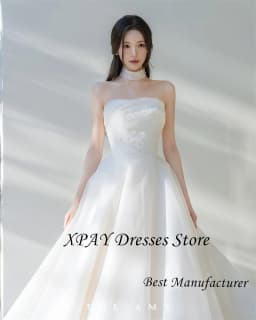 XPAY Princess Silk Organza A Line Wedding Dresses Photo shoot Strapless Beads Floor Length Bridal Gowns Korea Customized Corset
