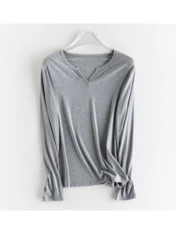 SuyaDream Women Solid T Shirt, Silk Viscose Blend, V Neck, Long Sleeves Chic Shirt 2025 Spring Summer Cozy Top, White, Grey