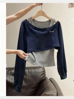 Designer Unique Off-shoulder Tops Women Two Piece Set Long Sleeve Striped Sweatshirt Fall Navy Hoodie Jacket Spring Outwear
