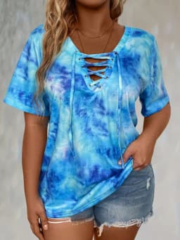 Plus size tie-dye printed short-sleeved T-shirt elegant lace-up hanging collar design top spring and summer casual style