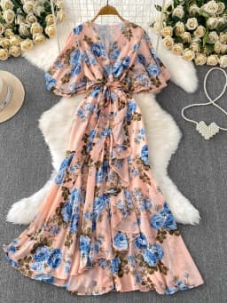 Summer Women Red/White/Yellow Floral Printed Irregular Ruffle Long Dress Vintage V-Neck Puff Sleeve Elegant Dress With Belt New