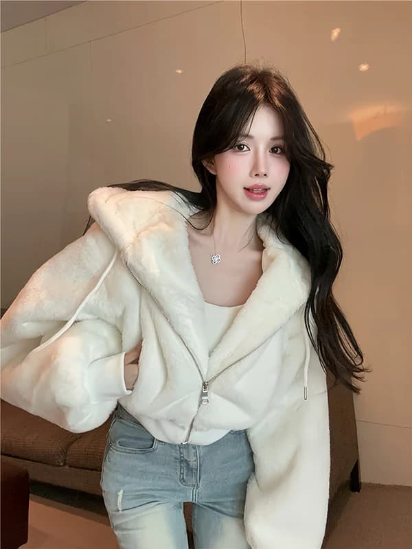 JingLI Studio Lazy Style Shortened Hooded Jacket Soft Plush Imitation Mink Coat Autumn Winter Women's Slim Fit Cardigan