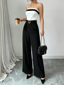 Women's Black White Jumpsuit Square Neck Contrast Trim Ideal for Evening Events Parties Elegant Styles