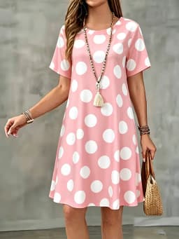 New Summer Women Dress Polka Dots Print Short Sleeve O-Neck  A-Line Dress Casual Loose Beach Sundress