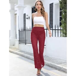 2024 Summer Wine Red Transparent Wide Leg Pants Y2K Trousers Sexy High Waist Women New Fashion Flash Diamond Trousers Streetwear