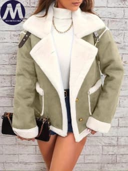 Women's Elegant Winter Fur Coat with Fluff Lapel Thick Korean Fashion Casual Loose Artificial Fleece Warm Jacket