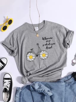 Women's Tshirt Daisy Bike Personalized Text T-Shirts Crewneck Vintage Short Sleeve Tops Korean Style Solid Color Women Tshirt