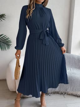 Solid Stand up Collar Bridesmaid Dress Spring Summer Casual Elegant Long Sleeve Waist Cinched Pleated Long Dresses for Women