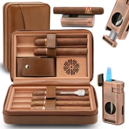 Cigar Humidor, Leather Cedar Wood Cigar Case with Cigar Lighter, V Cut Cigar Cutter,Cigar Holder 3 in 1 Travel Cigar Humidor Box