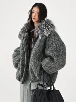 Nerazzur Autumn Winter Warm Thick Grey Oversized Quilted Blends Coat for Women with Faux Fur Trim Hood Loose Casual Woolen Coat
