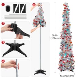 5Ft Foldable Pencil Christmas Tree, Easy To Assemble and Store, Pop-Up Christmas Tree Artificial Ultra-Thin Sequin Christmas and Halloween Decoration for Autumn Home Decoration Fireplace Home Porch Holiday Christmas, Winter Party Decoration