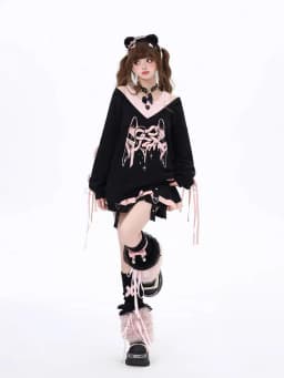 Temperament Vintage Sweet Fake Two Pieces Bow Printed Loose Sweatshirts Women Off Shoulder Hottie Streetwear Women Y2k Top