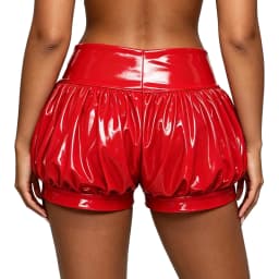 Womens Patent Leather Bubble Boxer Shorts Zipper Front Ruched Hot Pants for Rave Party Club Music Festival Stage Performance