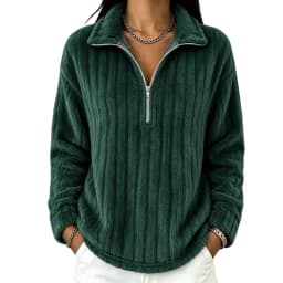 Women's Autumn Winter Turn Collar Ribbed Fleece-lined Warm Zip-up Long-sleeved Sweatshirt