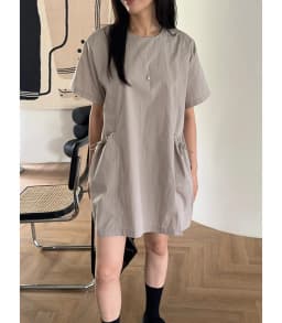 Loose Women's Summer New Style Retro round Neck Drawstring Pocket Dress Chic Short Sleeve Black Dress Polyester Fiber 100%