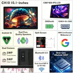 Paitanry 2026 10 Inch Tablet Android 16 HD Display 12GB (4+8GB Expand) RAM 128GB ROM Octa Core 5000Mah Wifi 6 Global Tablet PC