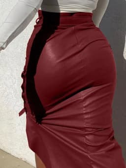 Women Trendy PU Leather Midi Skirt Solid Color High Waist Lace-up Side Button Slim Skinny Pencil Skirt for Ladies Streetwear